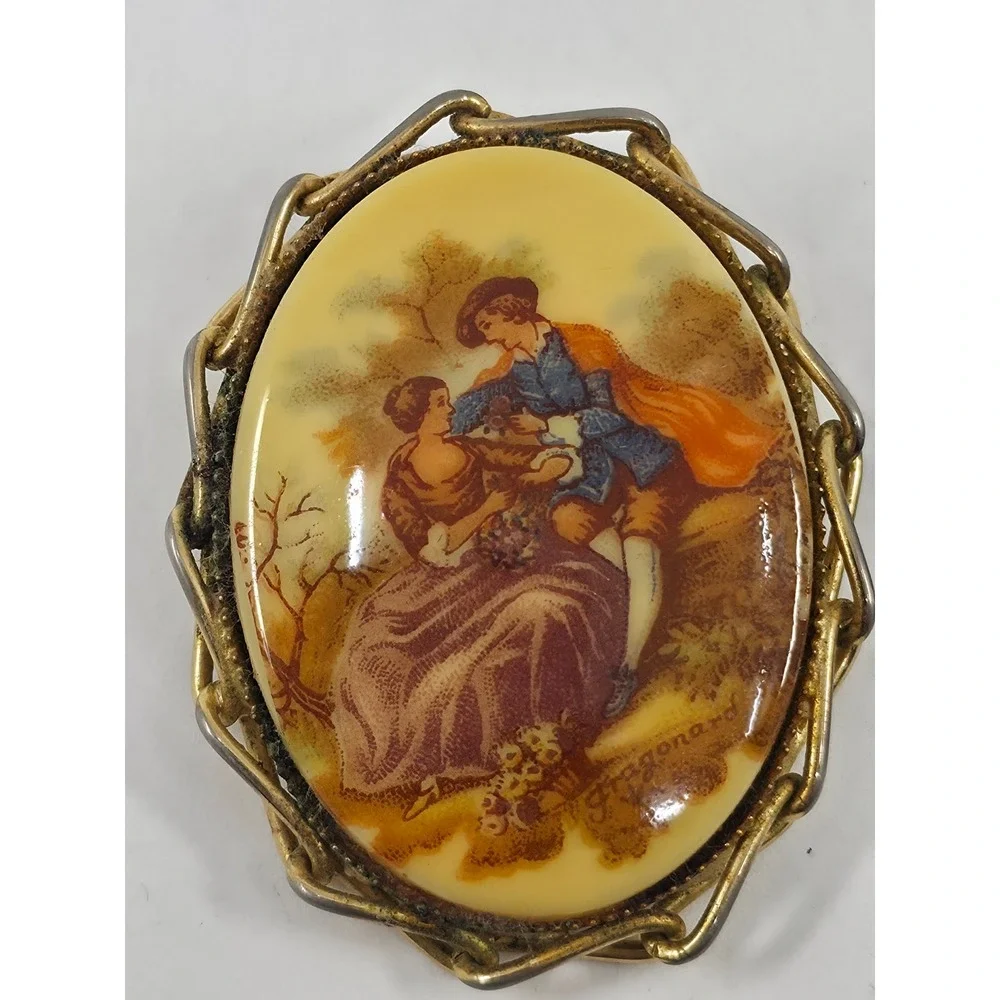 Vintage Fragonard Limoges Style & Russian Mstera Troika Lacquer Brooch Pin Lot 2